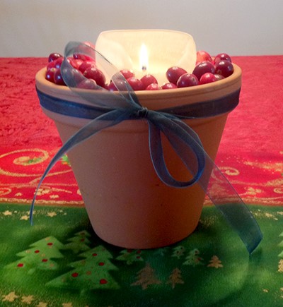 cranberry decoration in a put with a lit candle that is on a table